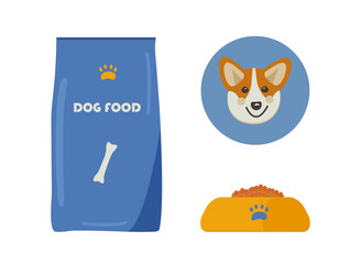 Set of three flat vector images on the theme of food for dogs. A bag of dog food, a bowl of food and a corgi muzzle.
Flat illustration eps 10 isolated on white background.