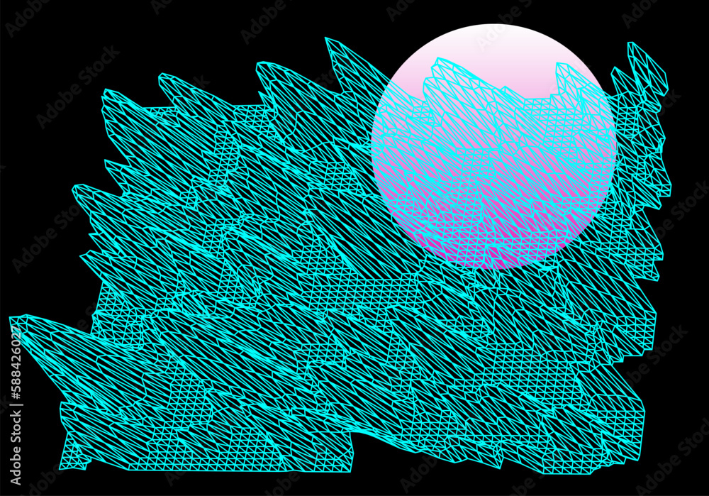 Fototapete sci-fi retrofuturistic 3d landscape made of a polygonal distorted perspective grid. synthwave the 80