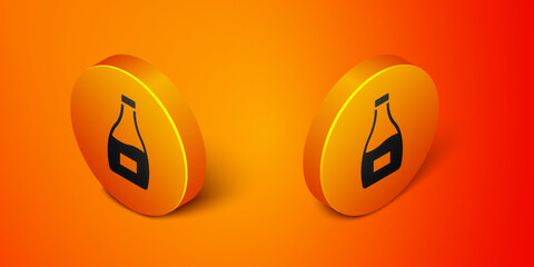 Isometric Sauce bottle icon isolated on orange background. Ketchup, mustard and mayonnaise bottles with sauce for fast food. Orange circle button. Vector