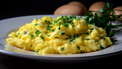 Scrambled eggs and prepared potato on plate generated by AI - obrazy, fototapety, plakaty
