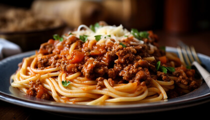 Fresh bowl of homemade bolognese pasta sauce generated by AI