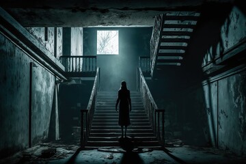 An abandoned house in the woods has a gloomy, terrifying window with ghostly light and shadows in a pitch black chamber in the attic, hallway, or base created by generative AI