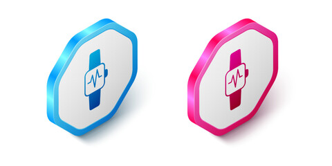 Isometric Smart watch showing heart beat rate icon isolated on white background. Fitness App concept. Hexagon button. Vector