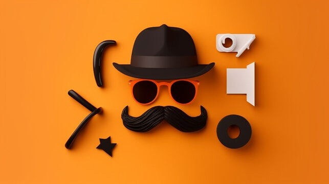 Moustache, glasses, hat and other accessories on orange background.generative ai