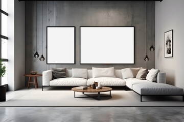 3d style of modern living room with white sofa and coffee table, decorative wall with embossed panels, carpet on concret floor. Frame mockup. Generative Ai.