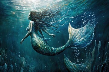 underwater fantasy world beautiful mermaid with tail in ocean created by generative AI. - obrazy, fototapety, plakaty