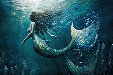 Foto op Canvas underwater fantasy world beautiful mermaid with tail in ocean created by generative AI. © vitanovski