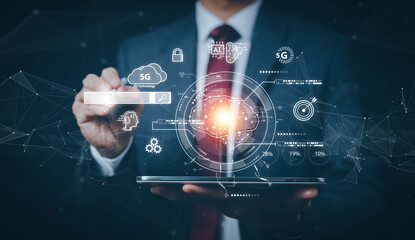 Programmer people Hold Brain mechanism virtual screen AI, artificial intelligence software engineer coding on laptop computers with technology icons and binary code, big data, coding Ai robot digital