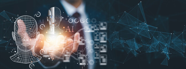 Programmer people working and touch virtual screen AI, artificial intelligence software engineer coding on laptop computers with technology icons and binary code, big data, coding Ai robot digital