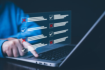 checklist and clipboard task documentation management, business people working laptop checklist questionnaire assessment form, online survey online exam Choosing the right answer in the exam