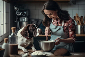 Woman prepares healthy homemade treats for her beloved pet. Baking dog biscuits in the kitchen, using natural ingredients like flour and meat. Generative AI