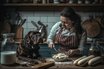 Loving owner shows care by making delicious snacks for her puppy. Homemade dog treats baked with organic ingredients on a cute background. Generative AI