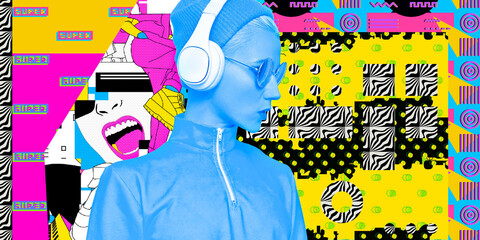 Contemporary digital collage art. Modern trippy design. Fashion party girl disco concept