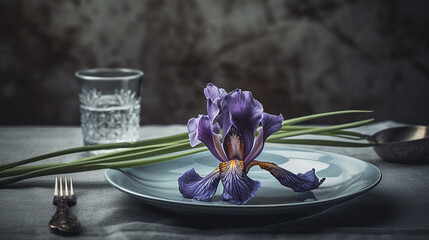 Violet iris flower on the plate.generative ai