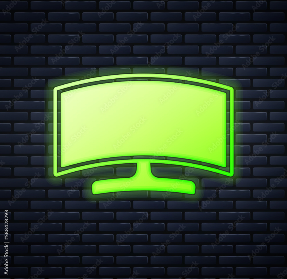 Poster glowing neon computer monitor icon isolated on brick wall background. pc component sign. vector