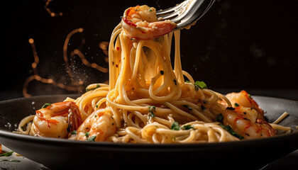 Freshly cooked linguini with prawn and seafood generated by AI - obrazy, fototapety, plakaty