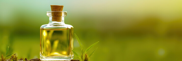 Essential oil extract of medicinal herbs in a small glass bottle. Selective focus. nature.  