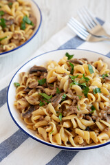 Homemade One Skillet Ground Beef Stroganoff with Mushrooms and Noodles on a Plate, side view.