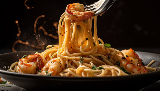 Freshly cooked linguini with prawn and seafood generated by AI