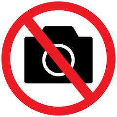 No cameras allowed sign, no photographing or photography, prohibition sign in red color vector symbol. Crossed out circle illustration, no taking pictures or video graphic design isolated on white. 