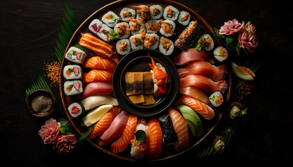 Naklejka premium Fresh seafood sushi plate, a gourmet meal generated by AI