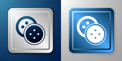White Sewing button for clothes icon isolated on blue and grey background. Clothing button. Silver and blue square button. Vector