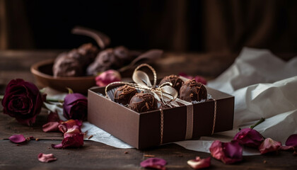 Fototapeta na wymiar Gourmet chocolate truffles in rustic wooden box generated by AI
