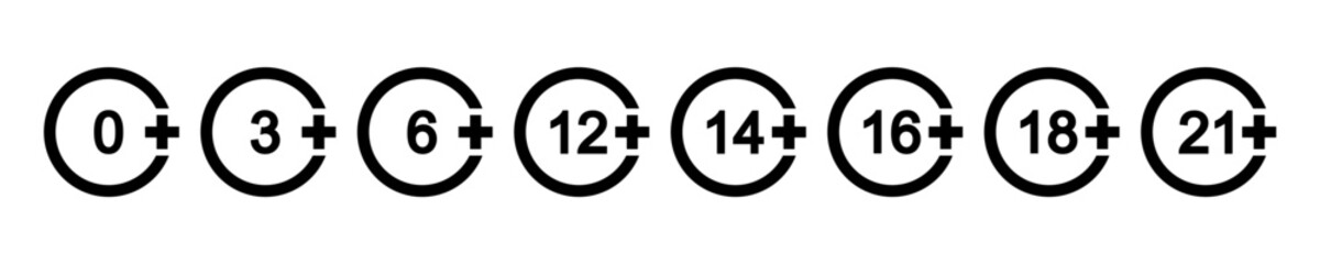 Age censor symbols. Numbers in circles with plus signs isolated on white background. Movie viewing or website visiting age limit marking. Kids allowed or adult only concept