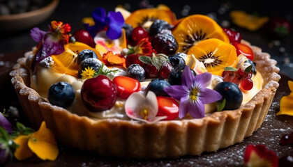 Fototapeta na wymiar Fresh fruit tart with blueberries and raspberries generated by AI