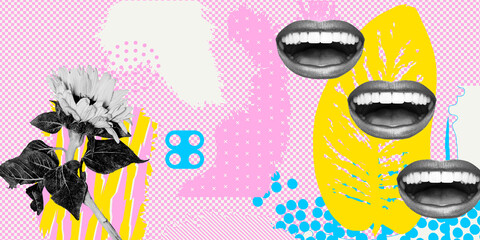 Contemporary digital collage art. Modern trippy design. Happy lips, flowers and creative summer...