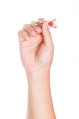 Hand holding red dart isolated on white background