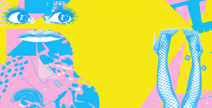 Contemporary digital collage art. Modern trippy design. Funny absurd face, woman legs and abstract creative background - Powered by Adobe