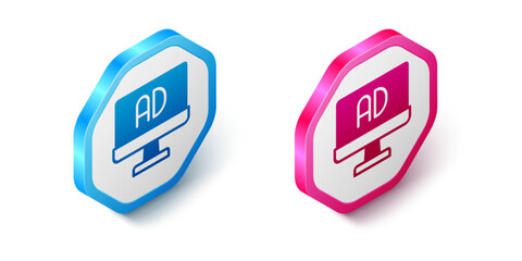 Isometric Advertising icon isolated on white background. Concept of marketing and promotion process. Responsive ads. Social media advertising. Hexagon button. Vector