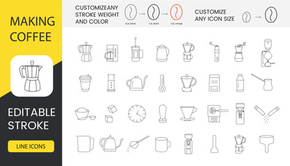 Coffee set line icons in vector, illustrations for instructions for making coffee includes french press and kettle, sugar and moka pot, coffee machine and aeropress, cup and scales. Editable stroke.