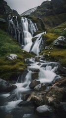 Obraz premium Imaginary waterfall in Scandinavia, AI generative image