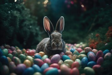 Fototapeta na wymiar Whimsical Rabbit in Enchanted Easter Garden - Generative AI