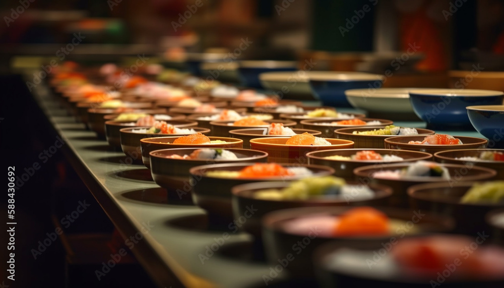 Poster colorful crockery in large collection on table generated by ai