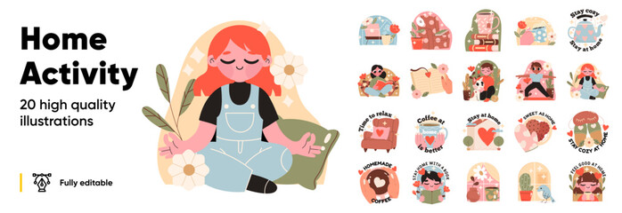 People stay at home. Men and women working, doing exercises and yoga, relax, communicate with family during quarantine. Work, leisure and hobby on isolation. Vector illustration in flat cartoon style.