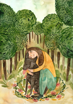 Girl in the forest with a dog