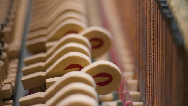 Several piano hammers strike piano strings in an old home piano upright piano made of light wood.