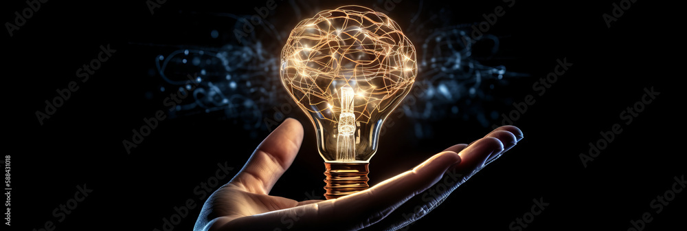 Aufkleber lightbulb with shape of human brain inside lighting is floating above hand. shining connected lines 