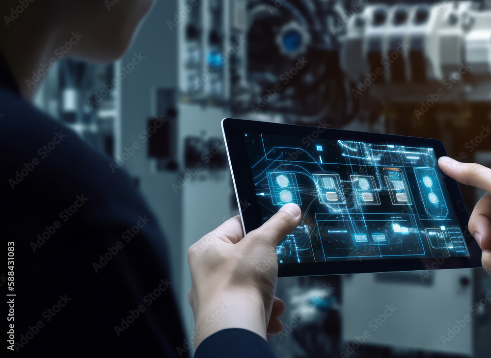 Poster concept for smart industry control. tablet in hands with a blurry automation equipment in the backdr