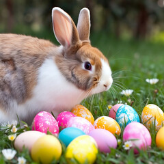 Rabbit happily munching on three pink Easter eggs, surrounded by colorful flowers and trees