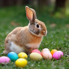 Rabbit happily munching on three pink Easter eggs, surrounded by colorful flowers and trees