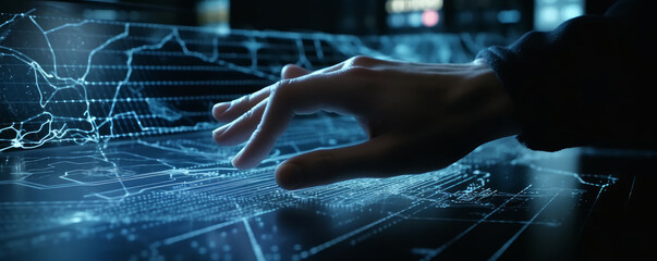 finger touching digital blue mesh of connections on futuristic screen in ultramodern office. Cinematic blue lighting illuminating the scene. Generative AI