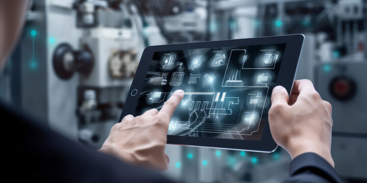 Concept for smart industry control. Tablet in hands with a blurry automation equipment in the backdrop.. Generative AI