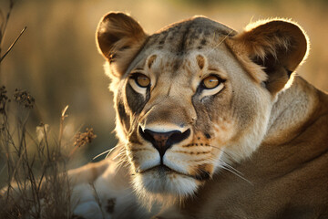 Naklejka premium Lioness in the Golden Hour - generative ai