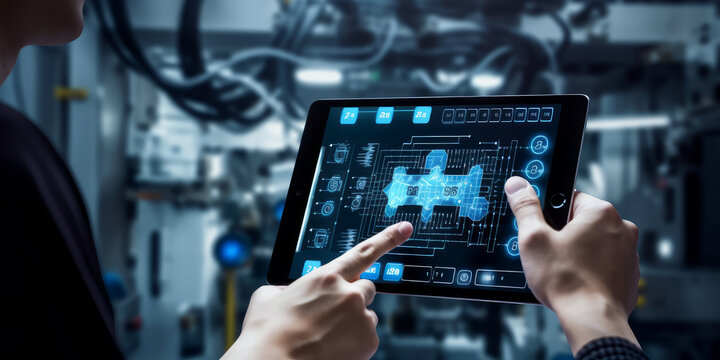 Intelligent industrial control idea. Tablet in the hands, with a blurry automation machine in the backdrop. Generative AI