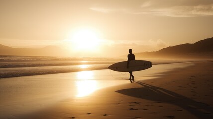 Fototapeta na wymiar Surfer's Glow: Carrying the Board into the Golden Sunset, AI-Generated 