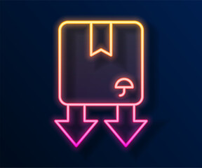 Glowing neon line Cardboard box with traffic symbol icon isolated on black background. Box, package, parcel sign. Delivery, transportation and shipping. Vector